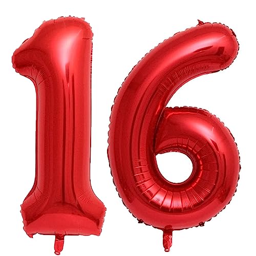 Luftballon 16. Geburtstag Zahl 16 Rot XXL Riesen Folienballon 100cm Geburtstagsdeko Mädchen Frau Ballon Zahl Deko zum Geburtstag. Fliegt mit Helium. (Rot, Zahl 16) von GUTCOOL