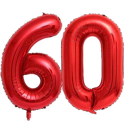 Luftballon 60. Geburtstag Zahl 60 Rot XXL Riesen Folienballon 100cm Geburtstagsdeko Frau Ballon Zahl Deko zum Geburtstag. Fliegt mit Helium. (Rot, Zahl 60) von GUTCOOL