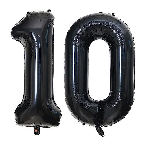 Schwarz Luftballon Zahl 10 XXL Riesige Folienballon 100cm Geburtstagsdeko, Ballon Zahl 10 Deko für Männer Junge Mädchen Frauen Geburtstagsparty Deko (Schwarz, Zahl 10) von GUTCOOL