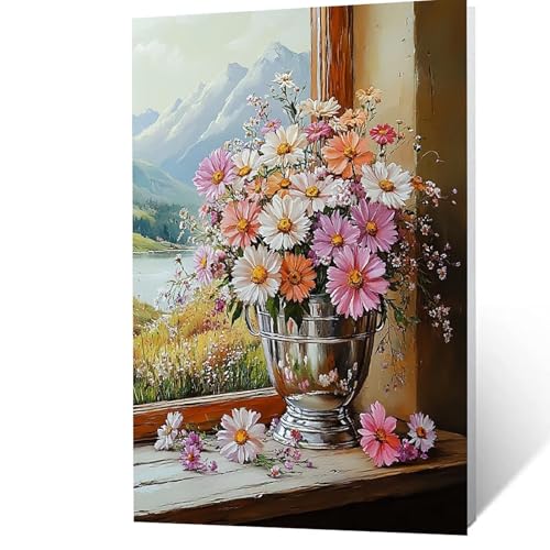Malen Nach Zahlen Erwachsene, Malen Nach Zahlen Blume, DIY Set Erwachsene mit Leinwand Bilder Fensterbank 50 x 70 cm Acrylfarben Set Pinselset, Wandbilder Bastelset Deko Wohnzimmer Geschenke YH2F-2559 von GUUOYUAL