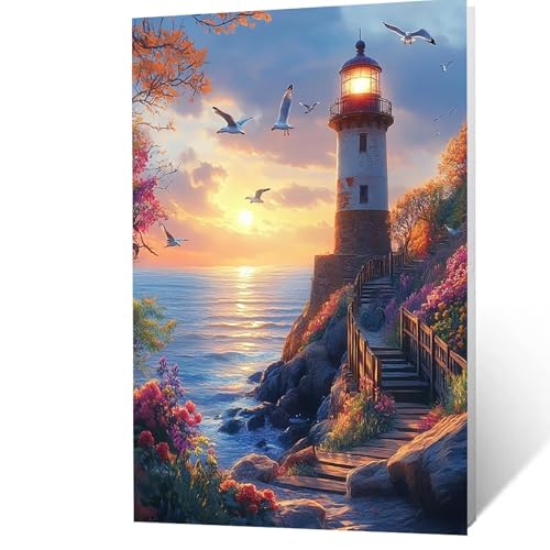 Malen Nach Zahlen Erwachsene 80x60 cm, Malen Nach Zahlen Kinder Leuchtturm, DIY Basteln Erwachsene Leinwand Bilder Landschaft, Paint by Numbers for Adults, Zimmer Deko Geschenke für Frauen YH2F-3524 von GUUOYUAL