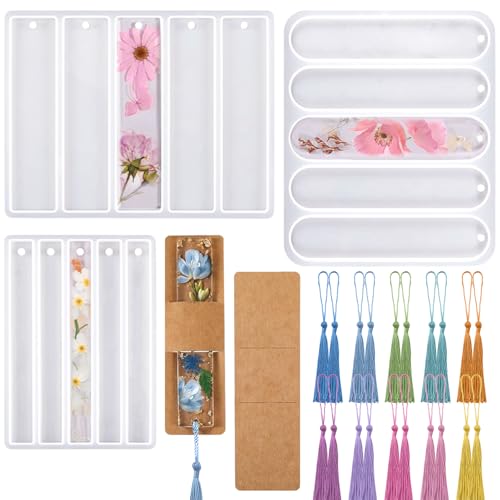 GUWINA Silikon-Lesezeichen-Formen für Epoxidharz, klein, breit, rechteckig, 3-teiliges Set mit Krafthüllen und bunten Quasten, Lesezeichen-Herstellung, Starter-Set für Anfänger, DIY-Handwerk von GUWINA