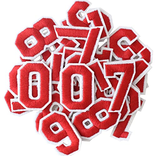GYGYL 30 Pieces Iron on Numbers Patches, Red Number Patches, Numbers 0-9 Applique for Clothes, Dress, Hat, Socks, Jeans, DIY Accessories von GUYI