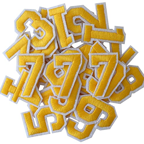 GYGYL 30 Pieces Iron on Numbers Patches, Yellow Number Patches, Numbers 0-9 Applique for Clothes, Dress, Hat, Socks, Jeans, DIY Accessories von GUYI