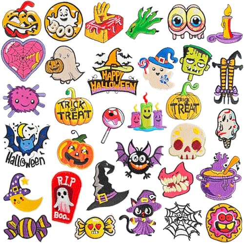 GYGYL Halloween-Aufnäher zum Aufbügeln, Halloween-Thema, niedlicher Totenkopf, Kürbis, Geist, schwarze Katze, Hexe, Fledermäuse, zum Aufbügeln für Jacken, Rucksäcke, Kleidung, 32 Stück von GUYI
