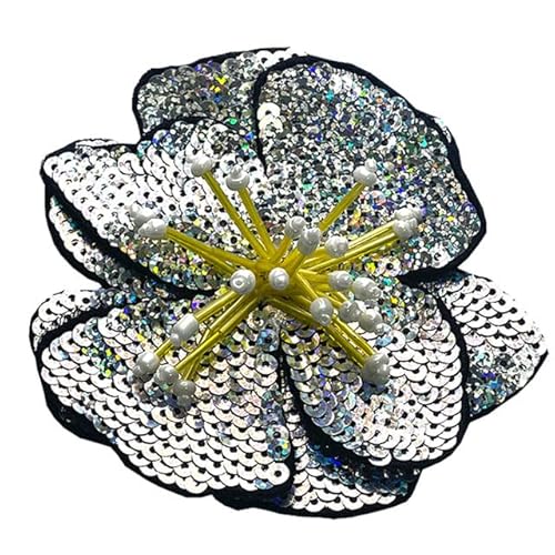 1 Stück große Pailletten-Blumen-Aufnäher, modische bestickte Applikation für Kleidung, Aufnäher für Kleidung, 11 cm, Silber von GUYOS