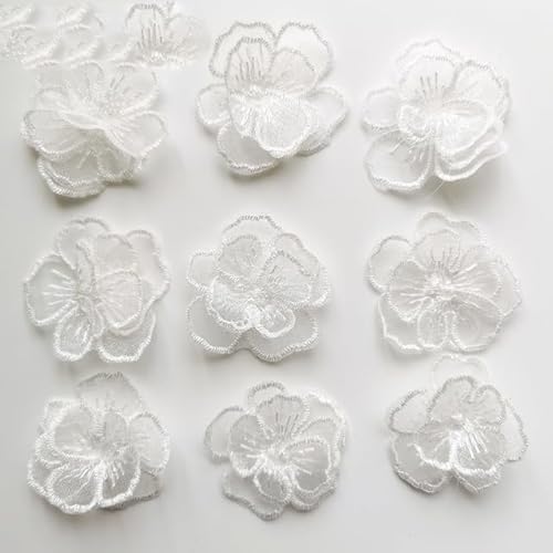 10 Stück/Lot Spitzen-Blumen-Patches zum Aufnähen, weiße Untergold-Organza-Blumenapplikationen für Braut, Hochzeitskleid, Kleidung, DIY-Dekoration, weiße Farbe von GUYOS