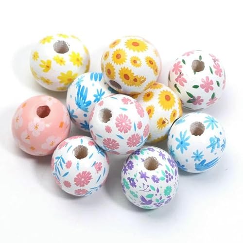 10 Stück 16 mm runde Holzperlen mit Blumenmalerei, lose Abstandshalter, Holzperlen zur Schmuckherstellung, Armband, DIY-Bastelzubehör-C05608-16 mm 10 Stück von GVEKJ