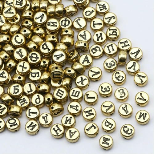 4 x 7 mm schwarze russische Buchstaben, Acrylperlen, weiß, rund, flach, Alphabet, lose Abstandsperlen für die Schmuckherstellung, DIY, handgefertigte Armbänder, B06503, 100 Stück von GVEKJ