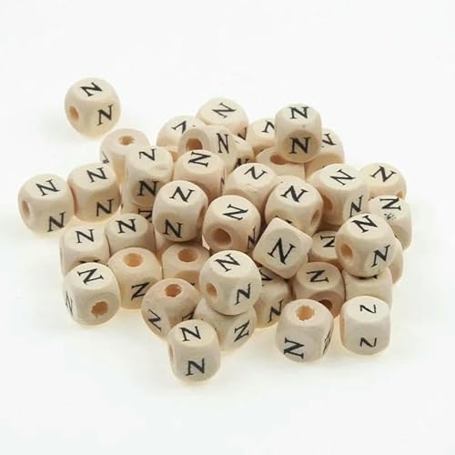 50 Stück/Packung 10 mm AZ Naturholzbuchstabenperlen Gemischte Alphabet-Quadratwürfel-Holzperlen für die Schmuckherstellung DIY-Armband-Halskette-N von GVEKJ