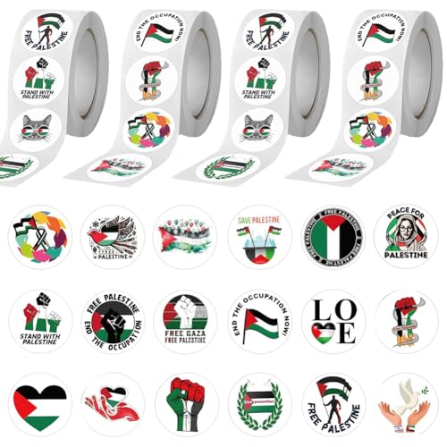 2000 Stück Palestine Runde Aufkleber,Palästina Runde Wasserdichtes,Klebepunkte Aufkleber Etiketten Rolle,Klebepunkte Kreis,Free Palestine Round Sticker Rolle für Laptop, Fahrrad von GVMJHYK