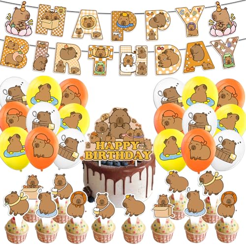 GVMJHYK 32 pcs Capybara Party Dekorationsse Capybara Party Supplies Capybara Happy-Birthday-Banner Latex Luftballons Kuchen Topper Cupcake Topper für Kinder Geburtstagsparty-Zubehör von GVMJHYK