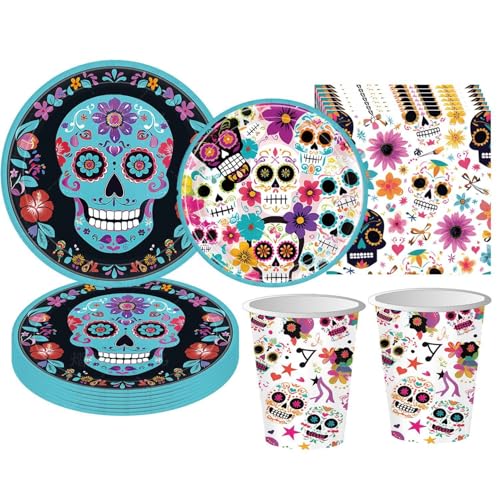 Halloween Geschirr Set, Tag der Toten Party Dekoration Geschirr, Dekor für Halloween, Pappteller, Servietten, Partyzubehör Kindergeburtstag Par-ty für Grusel Party 85pcs von GVMJHYK