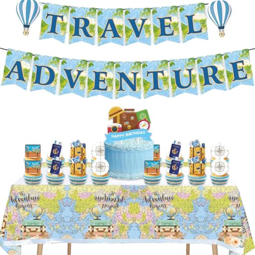 Reise Motto Abschluss Deko Set für Kinder Abenteuer Banner mit Weltkarte Muffin Picks und Tortenaufsatz für Schulabschluss Party Picknick Gartenfest von GVMJHYK
