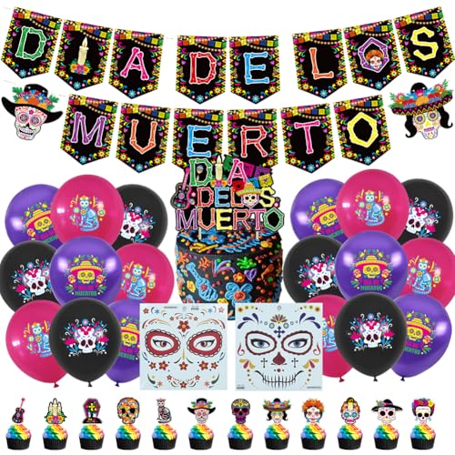 Tag Der Toten Luftballons Dekoration, Day of The Dead Zuckerschädel Latexballons für Mexikanische Party Deko, Halloween Gesicht Tattoos, Halloween Schminke Fasching Maskerade Cosplay Party von GVMJHYK
