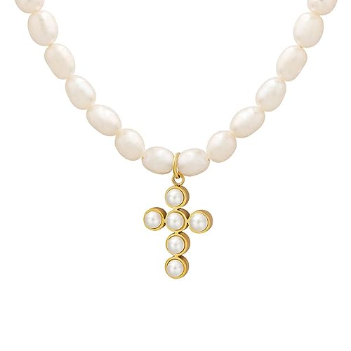 GVNFJKJK Exquisite Schmuckgeschenke Modische Halskette mit Süßwasserperlen, kreative Halskette mit Perlenkreuz-Anhänger for Damen von GVNFJKJK