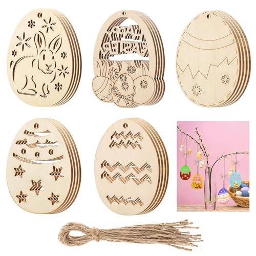 GVPOELR Ostereier Holzanhänger, 20 Stück Ostern Basteln Holz, Ostern Anhänger Holzdeko, mit Juteseil, Holzanhänger Ostern Zum Bemalen, 5 Formen von Ausschneidemodellen, für DIY Basteln zum Bemalen von GVPOELR