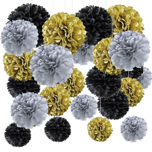 Schwarzes Gold Pompons Deko, 24 Stück Silvester Seidenpapier Pompons, deko schwarz gold Seidenpapier Pom Poms, Blumen Ball Dekorpapier, für Geburtstag, bachelor deko, Gold, Silber, Schwarz Schwarzes Gold Pompons Deko, 24 Stück Silvester Seidenpapier Pompons, deko schwarz gold Seidenpapier Pom Poms, Blumen Ball Dekorpapier, für Geburtstag, bachelor deko, Gold, Silber, Schwarz von GVPOELR