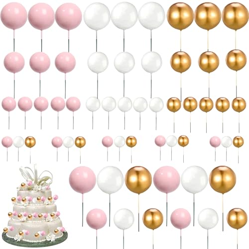 Tortendeko Kugeln, 60 Stück Kuchenaufsätze, Schaumkugeln Cupcake Topper, DIY Kuchen Topper, 1 Set mit 3 Farben und 4 Größen, für Geburtstag Hochzeit Bedarf Deko, Rosa,Gold, Weiß Tortendeko Kugeln, 60 Stück Kuchenaufsätze, Schaumkugeln Cupcake Topper, DIY Kuchen Topper, 1 Set mit 3 Farben und 4 Größen, für Geburtstag Hochzeit Bedarf Deko, Rosa,Gold, Weiß von GVPOELR