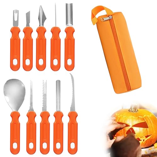 GWAEPU Halloween Kürbis Schnitzset: 10 Stück Edelstahl Kürbis Schnitzset DIY mit Aufbewahrungstasche für Erwachsene und Familie Halloween Party von GWAEPU