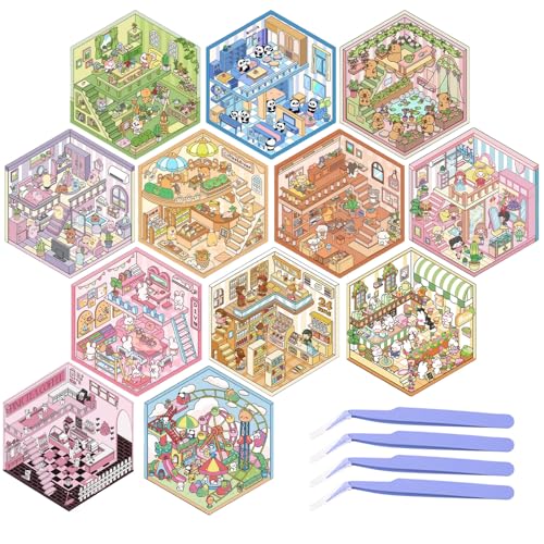 GWAWG 12 Set DIY 3D Hausaufkleber, Lustige Sticker Therapie, DIY 3D Aufkleber-Szene, Niedliche Cartoon-Landschaftsaufkleber für Erwachsene, Kinder, ADHS, Stressabbau und Konzentration von GWAWG