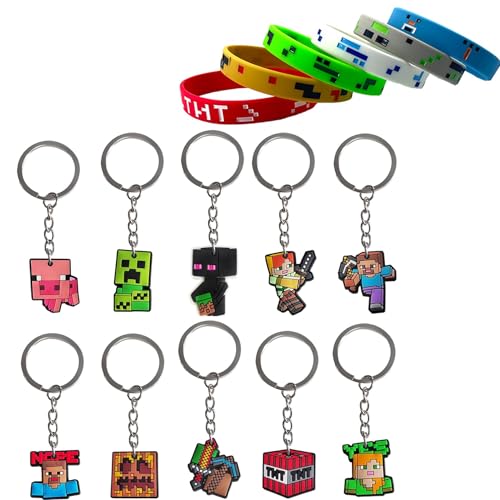 GWAWG 16 x Minecraft-Schlüsselanhänger, Gummi-Armband, Geburtstagsspiel, Partyzubehör, Rucksack-Anhänger, Geburtstagsgeschenkfüller, Rosa, Grün, Schwarz von GWAWG