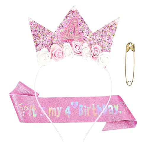 GWAWG 2 Stück 3-6 Jahr Geburtstagskrone Krone Geburtstag Mädchen Geburtstags Krone Stirnband mit Rose Blumen Geburtstagsgürtel Mädchen für Mädchens Frauen Geburtstags Weihnachten Party (rosa-4) von GWAWG