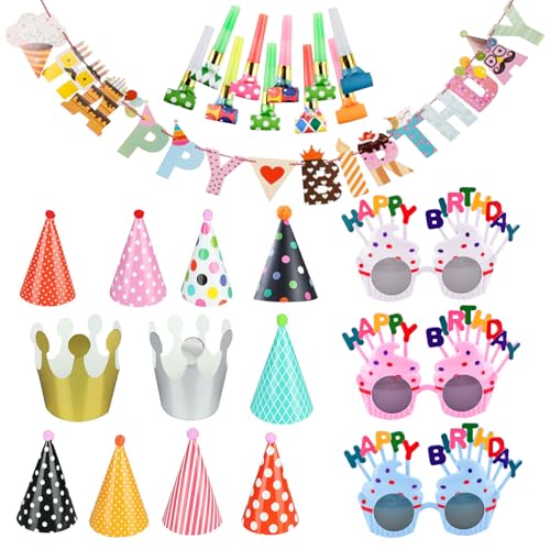 GWAWG 25Pcs Geburtstag Party Sets mit Geburtstag Banner,11Pcs Geburtstag Kegel Party Hüte,10 Pcs Party Blower,3 Pcs Party Gläser,Papier Party Hüte für Mädchen Jungen Kinder Erwachsene(9 Hüte+2 Kronen) GWAWG 25Pcs Geburtstag Party Sets mit Geburtstag Banner,11Pcs Geburtstag Kegel Party Hüte,10 Pcs Party Blower,3 Pcs Party Gläser,Papier Party Hüte für Mädchen Jungen Kinder Erwachsene(9 Hüte+2 Kronen) von GWAWG