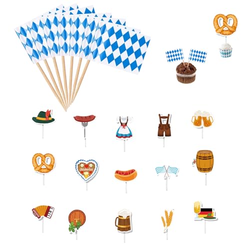 GWAWG BayernOktoberfest Zahnstocher Flaggen Set 100 Stück + 15 Stück Bierfest Kuchendeko mit Brezel Dirndl Bier Hosenträger – Oktoberfest Dekoration für Kuchen Muffins Snacks Volksfest Feier Cocktail von GWAWG