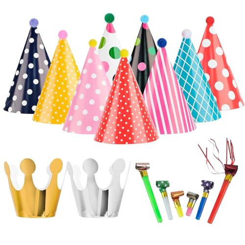 Geburtstag Kegel Party Hüte GWAWG 17 Stück Partyhüte Geburtstag, Party Hüte zum Geburtstag mit Pompons, Geburtstagshut Lufttröte Pfeife Partyhütchen Geburtstag Kegel Hüte für Kinder Geburtstagsfeier von GWAWG