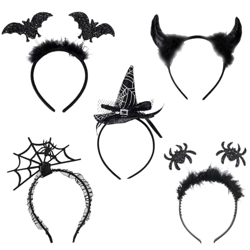 GWAWG Halloween-Stirnbänder, Spinne, Netz, Fledermaus, Hexe, Teufelshörner, Kopfbedeckung für Damen und Mädchen, Kostüm, Karneval, Festival, Feiern, Dekoration, Maskerade, Partyzubehör, 5 Stück GWAWG Halloween-Stirnbänder, Spinne, Netz, Fledermaus, Hexe, Teufelshörner, Kopfbedeckung für Damen und Mädchen, Kostüm, Karneval, Festival, Feiern, Dekoration, Maskerade, Partyzubehör, 5 Stück von GWAWG