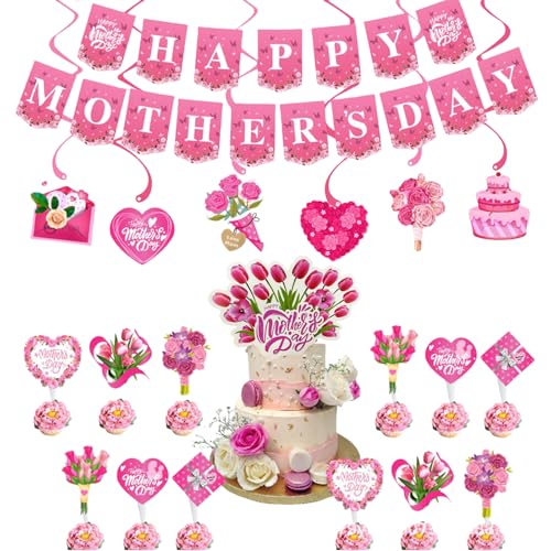 GWAWG Happy Mother's Day Party Decorations Set, Pink Theme Banner & Hanging Swirls & Cake Toppers for Mother's Day Party Supplies GWAWG Happy Mother's Day Party Decorations Set, Pink Theme Banner & Hanging Swirls & Cake Toppers for Mother's Day Party Supplies von GWAWG