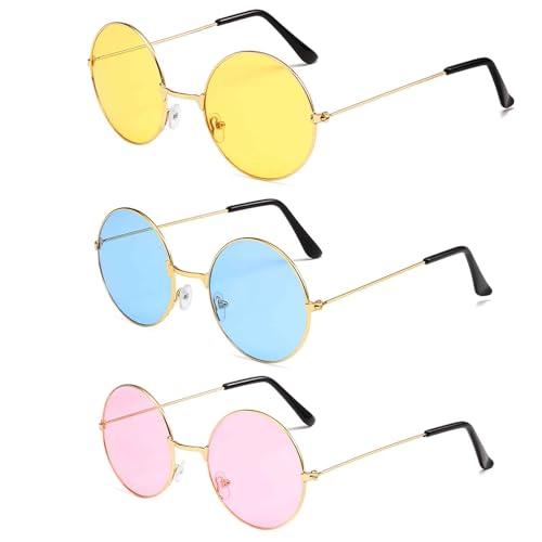 GWAWG Hippie-Brille, Hippie-Specs-Sonnenbrille, Sonnenbrille für Hippie-Kostüm-Zubehör, runde Sonnenbrille mit Metallrahmen, Retro-Stil, Hippie-Stil, 60er-/70er-Jahre-Stil, 3 Stück von GWAWG