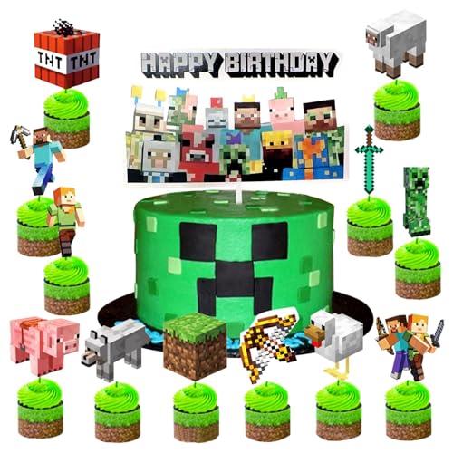 GWAWG Minecraft Kuchendekoration, personalisierbar, für Geburtstagsparty, Cupcake-Topper, Partyzubehör, Dekorationen für Jungen, Mädchen, Erwachsene, 13 Stück von GWAWG