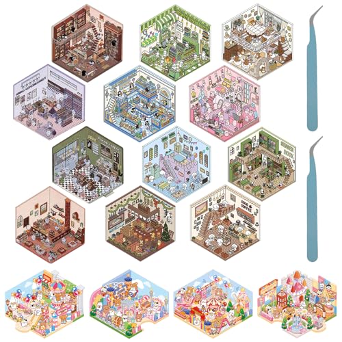 16PCS DIY 3D House Stickers 4 Verschiedene Themen Schnittfreies Design 3D Miniatur Haus Sticker mit 2 Pinzette Realistisch Miniatur Szenen Aufkleber für Erwachsene Kinder 16PCS DIY 3D House Stickers 4 Verschiedene Themen Schnittfreies Design 3D Miniatur Haus Sticker mit 2 Pinzette Realistisch Miniatur Szenen Aufkleber für Erwachsene Kinder von GWCYMYD