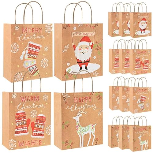 GWHOLE 12 Stück Papiertüten Weihnachten Geschenktüten mit Henkel Braun Kraftpapier für Geschenke Mitgebsel Süßigkeiten Party von GWHOLE