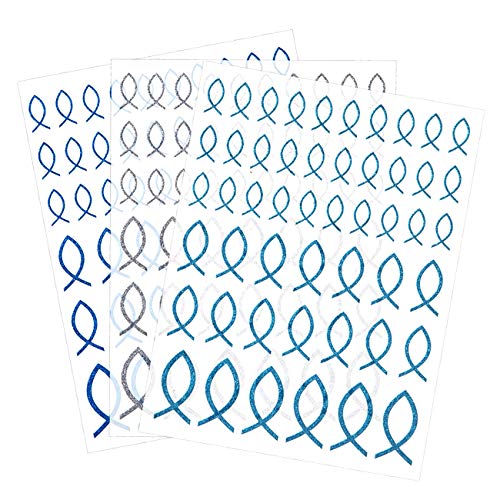 GWHOLE 150 Stück Taufe Deko Fisch Aufkleber Glitzer Sticker Selbstklebend zur Kommunion Konfirmation Silber Königsblau Hellblau von GWHOLE