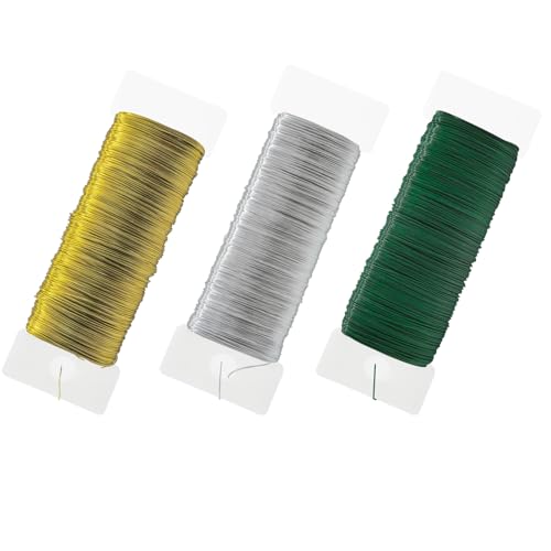 Basteldraht Dünn 3Rollen Draht zum Basteln 180 m Basteldrähte Blumendraht Floristendraht Schmuckdraht Wickeldraht für Basteln Weihnachten Deko Handwerk Pflanzen Blumen (Gold, Silber und Grün) von GWJX