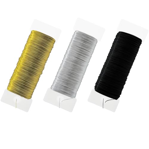Basteldraht Dünn 3Rollen Draht zum Basteln 180m Basteldrähte Blumendraht Floristendraht Schmuckdraht Wickeldraht für Basteln Weihnachten Deko Handwerk Pflanzen Blumen (Gold, Silber und Schwarz) von GWJX