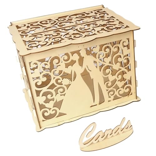 GXMDSGZ Hochzeit Kartenbox DIY Hochzeitskartenbox aus Holz for Paare, Spardosen mit Schloss, hohles Blumenmuster, Hochzeitsdekor, Umschlag, Geburtstagszubehör(Color1) von GXMDSGZ