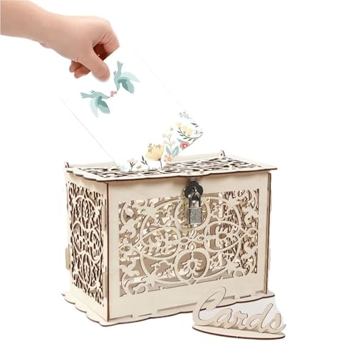 GXMDSGZ Hochzeit Kartenbox Hölzerne Hochzeitskartenboxen mit Schloss Mr&Mrs Paar Blumenmuster Umschlag Zeichen Karten Holzbox DIY Rustikale Hochzeitsbedarf(Color 02) von GXMDSGZ