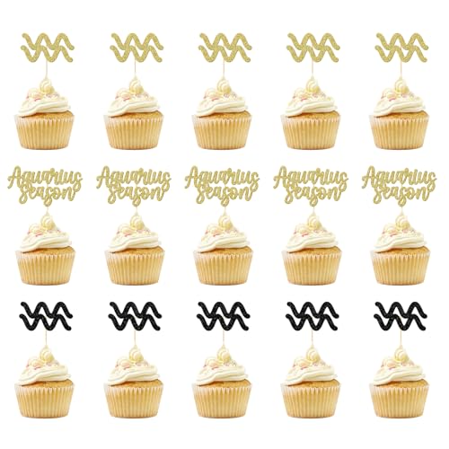 Aquarius Season Cupcake Toppers, Wassermann Geburtstag Dekorationen, Sternzeichen Januar Februar Geburtstag Party Dekor Supplies, Doppelseitiger Gold und Schwarz Glitzer, 24 Stück Aquarius Season Cupcake Toppers, Wassermann Geburtstag Dekorationen, Sternzeichen Januar Februar Geburtstag Party Dekor Supplies, Doppelseitiger Gold und Schwarz Glitzer, 24 Stück von GXSOVSO