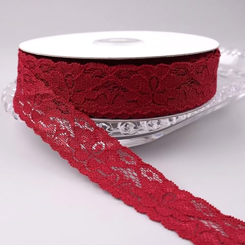 GXTIZAS Burgunderrotes Spitzenband, 2,5 cm breit x 28 m, Spitzenstoff, Vintage-Muster, elastisches Spitzenband für Basteln, Geschenkverpackung, Blumendesign, Nähen von GXTIZAS