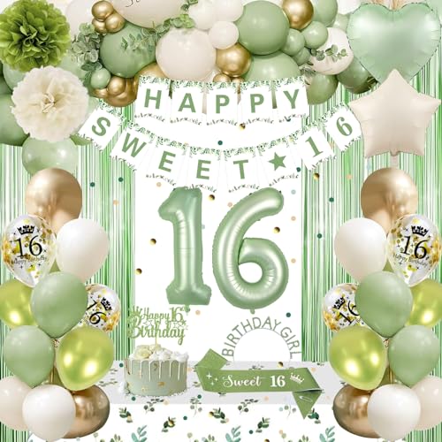 Dekoration zum 16. Geburtstag, Salbeigrün Gold Süße Dekoration zum 16. Geburtstag, Happy Birthday Banner Fransenvorhang Tischdecke Geburtstag Schärpe Krone Pom Poms Nummer 16 Luftballons für Mädchen Dekoration zum 16. Geburtstag, Salbeigrün Gold Süße Dekoration zum 16. Geburtstag, Happy Birthday Banner Fransenvorhang Tischdecke Geburtstag Schärpe Krone Pom Poms Nummer 16 Luftballons für Mädchen von GYESXYW