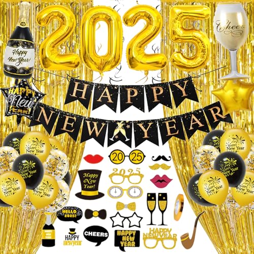 GYESXYW Silvester Deko 2025, Schwarz Gold Neujahr Deko 2025 Happy New Year Banner, 2025 Folienballon Konfetti Luftballons, Glitzer Vorhänge, 2025 Foto Requisite Party Dekoration Set für Silvesterparty GYESXYW Silvester Deko 2025, Schwarz Gold Neujahr Deko 2025 Happy New Year Banner, 2025 Folienballon Konfetti Luftballons, Glitzer Vorhänge, 2025 Foto Requisite Party Dekoration Set für Silvesterparty von GYESXYW