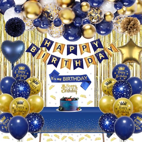 Geburtstagsdeko Blau Gold, Marine Blau und Gold Party Deko Set mit Happy Birthday Banner, Konfetti Luftballons, Schärpe, Tischdecke, Vorhang, Pompons für Mann Mädchen Frauen Mädchen Geburtstag Deko Geburtstagsdeko Blau Gold, Marine Blau und Gold Party Deko Set mit Happy Birthday Banner, Konfetti Luftballons, Schärpe, Tischdecke, Vorhang, Pompons für Mann Mädchen Frauen Mädchen Geburtstag Deko von GYESXYW