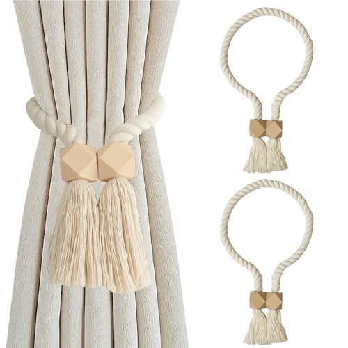 GYHWOFUL 2 Stück Magnetische Raffhalter für Vorhänge, Boho Gardinenhalter aus Baumwollseil & Holz, Starke Gardinen Raffhalter, Raffhalter Magnetisch für Gardinen im Wohnzimmer, Schlafzimmer & Büro von GYHWOFUL
