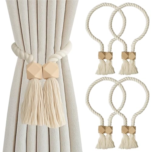 GYHWOFUL 4 Stück Magnetische Raffhalter für Vorhänge, Boho Gardinenhalter aus Baumwollseil & Holz, Starke Gardinen Raffhalter, Raffhalter Magnetisch für Gardinen im Wohnzimmer, Schlafzimmer & Büro von GYHWOFUL