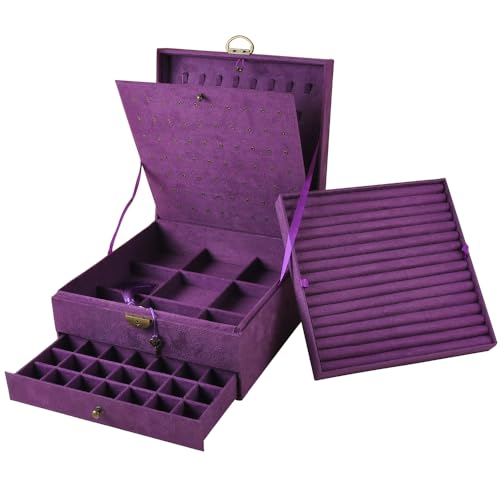 GYJOYERO GY306 Schmuck-Organizer, 5 Ebenen, Samt, quadratisch, Schmuckschatulle, für Damen, Halsketten, Ohrstecker, Display, Armreifen, große Schmuckaufbewahrung, Schublade, Violett von GYJOYERO