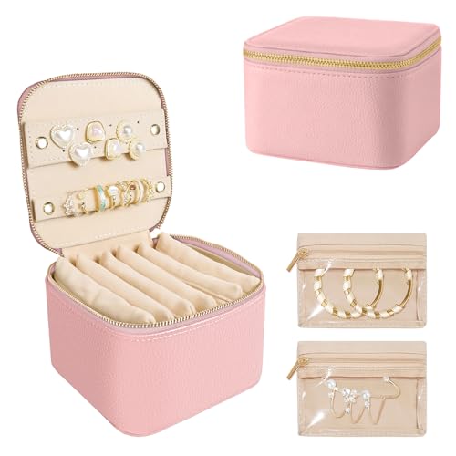 GYJZZW Reise-Schmuckschatulle, tragbare Schmuckschatulle mit 6 Samt-Ornamenten, Reißverschlusstaschen, Geschenkidee für Frauen (Rosa) von GYJZZW
